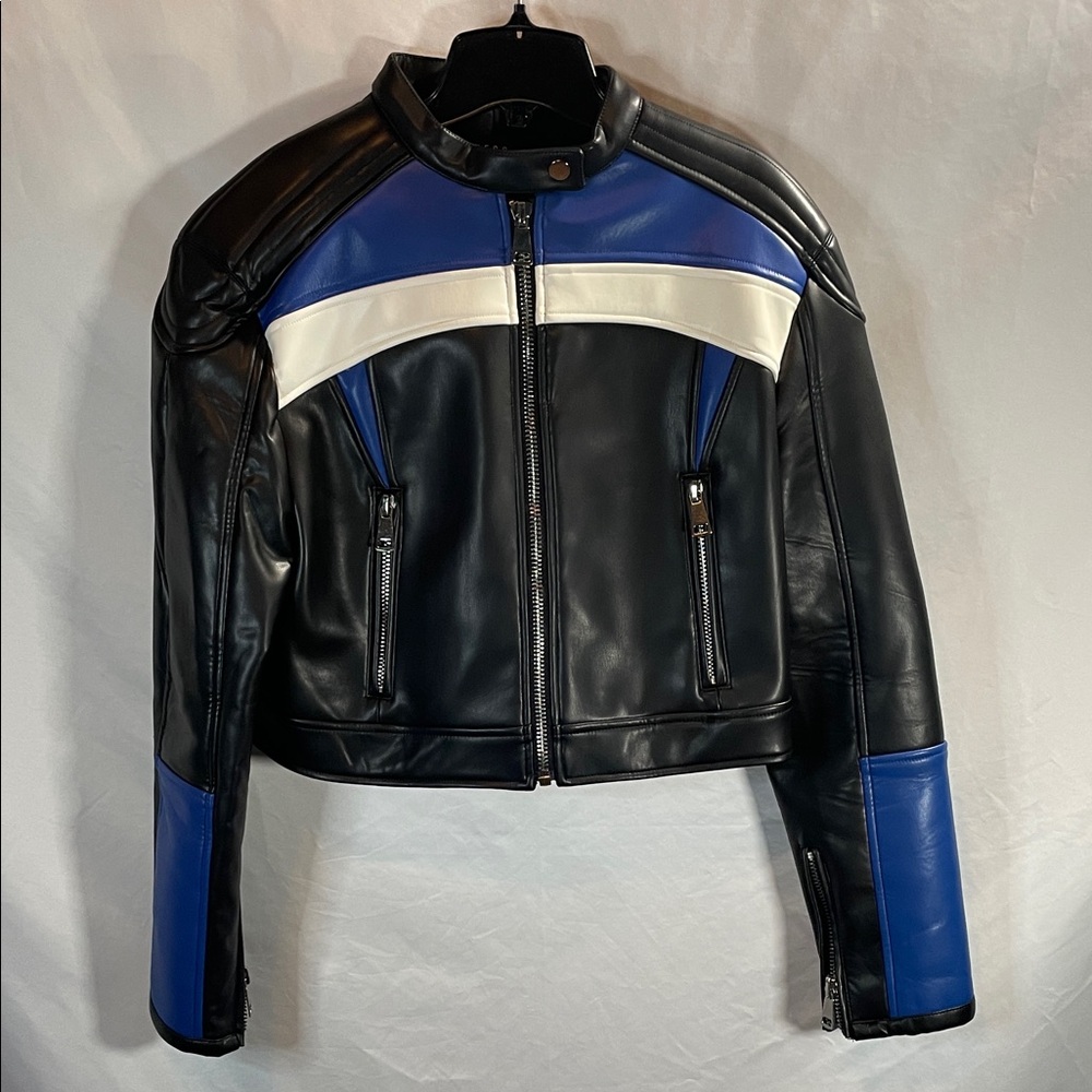 Lioness Faux Leather Jacket in Black, Blue, and White